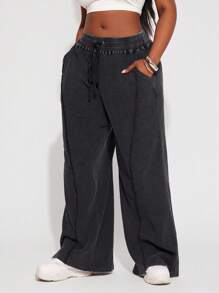 SHEIN SXY Plus Size Women's Spring&Summer Daily Basic 95% Cotton Solid Plus Size Washed Distressed Elastic Waistband Drawstring Loose Wide-Leg Sweatpants,Suitable For Everyday Wear, Country Music Concert Oversized Pants Loose Pants Baggy Pants Wide Leg Pants Black Pants,Hip-Hop,Leisure,Street Style,Western Wear,Music Festival,Vintage,Minimalism,Concert,Carnival Party,Resort,Outing,Vacation,Date Night,Gathering,Birthday,Bachelorette Party,Gyaru,Break,Rave,Modest,Chic,Club,Cute,Casual,Shopping