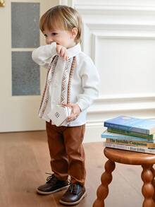 Souflis Souflis 2pcs Baby Boy Woven Waffle Collar Colorblock Print Long Sleeve Button Shirt & Straight Leg Casual Pants Set, Stylish For Spring/Autumn Everyday Wear Fall Winter - Multicolor - View 6