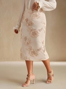 Anewsta Váy thêu hoa cao cấp thanh lịch cỡ lớn - Màu be - Xem 4