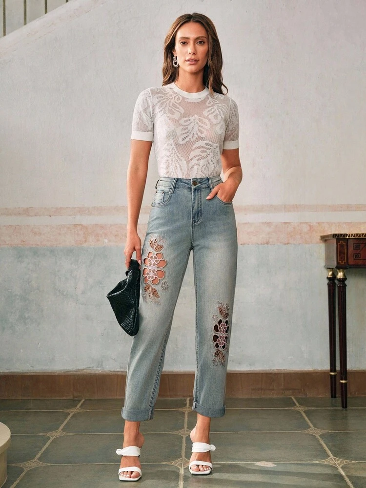 Anewsta Elaire Casual Washed Floral Embroidery Hollow Out Rhinestone Decor Jeans