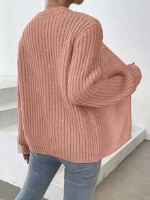 EURMUSE 女士纯色落肩长袖宽松休闲针织开衫 - 乾枯玫瑰色 - 查看 2