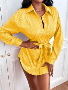 Zolique Fashionable Commuter Leopard Jacquard Long Sleeve Shirt Fall Cloth For Women