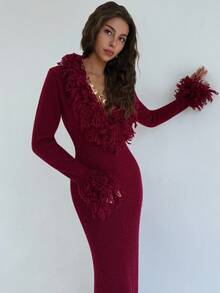 Aloruh Váy len dệt kim dài ôm sát, cổ chữ V tua rua, chắp vá, viền loe, dành cho nữ vào mùa thu/đông - Màu Đỏ Sâu - Xem 8