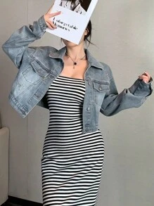 DAZY 女式落肩长袖休闲宽松牛仔夹克，秋季女装 - 淺色水洗藍 - 查看 3