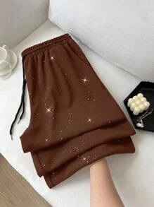 Flirla Plus Size Women Glitter Cinched Waist Decor Casual Pants, Spring/Summer - Coffee Brown - View 2