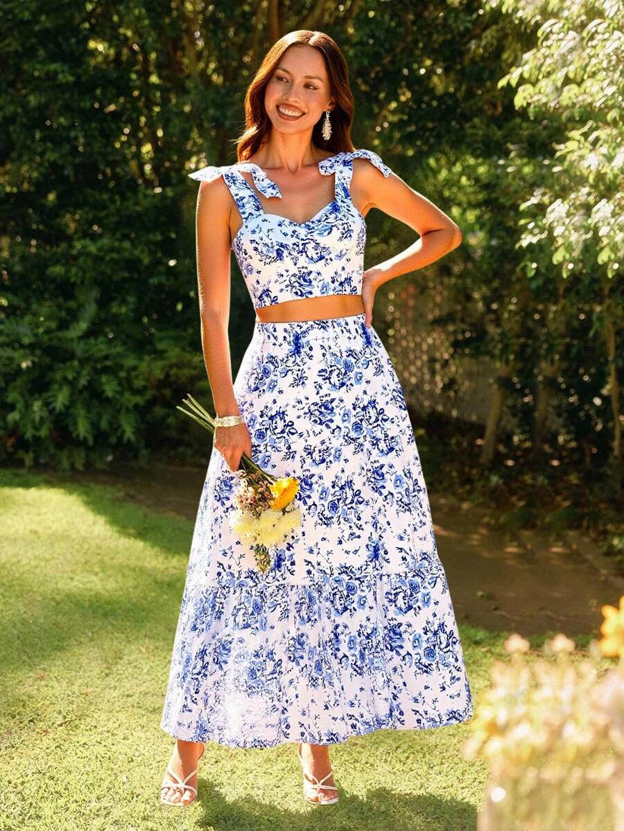 KARISMINA 梭织印花系带短款修身女式吊带背心，春季女式街头服饰，休闲度假，夏季度假上衣，可爱夏季上衣 - 淺藍色 - 查看 1