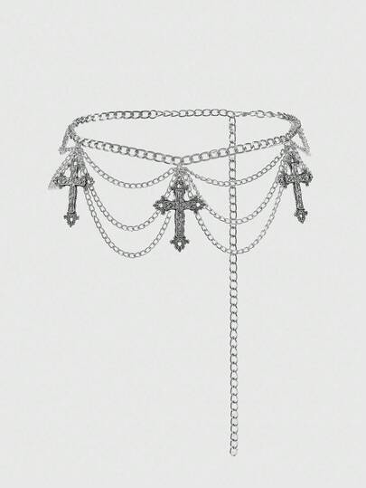 1 Stück Silberne Blumen Reben Kreuz 4-lagige Kette Taillenkette für Damen, vielseitiges Kleidungsaccessoire im Gothic-Stil