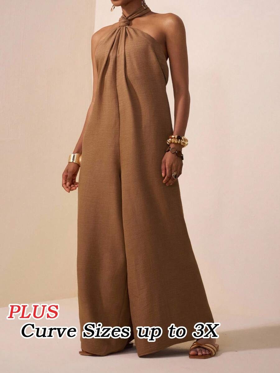 Veslaya 2025 Nouvelle combinaison ample à jambes larges avec nœud torsadé, style ras-du-cou, dos nu sexy, pour festival de musique d'été, mariage, anniversaire, port décontracté quotidien, vacances, croisière, plage, bronzage, rouge-brun, grande taille femme