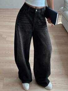 Dazy Tall 高个女款宽松直筒牛仔裤，休闲街头风，适合日常通勤 - 黑色 - 查看 5