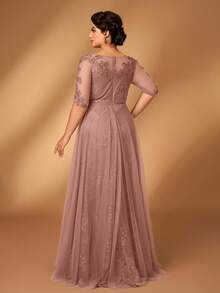 Serin Plus Size Summer Romantic Elegant Round Neck 3/4 Sleeve Lace Contrast Mesh A-Line Hem Luxury Applique Dress, Suitable For Evening Party, Date, Ball, Singles Party, Music Festival, Vacation, Wedding, Bride Mother Dress, Valentine's Day - Dusty Pink - View 4