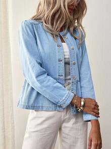 EMERY ROSE 女士休闲春秋纽扣牛仔夹克 - 淺色水洗藍 - 查看 5