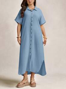 Zelara Mother'S Day Gift Navycore Outfits Apricot Crinkled Buttons Maxi Beach Navycore Dress With Slits Nautical Casual For Women Coastal Nautical Vacation Outfits Dress,Fall Dresses For Women - Baby Blue - View 5