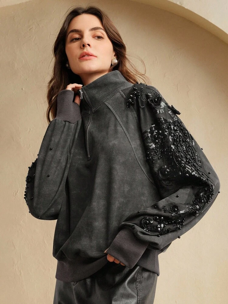 Crew Neck Sleeve Patch Sweatshirt, Long Sleeve, Suitable For Fall, Autumn, Winter, Elegant, Chic, New Year, Casual