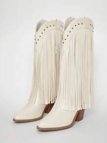 Solezae Giày bốt cao gót mũi vuông tua rua kiểu miền Tây thoải mái cho nữ - trắng - Xem 6