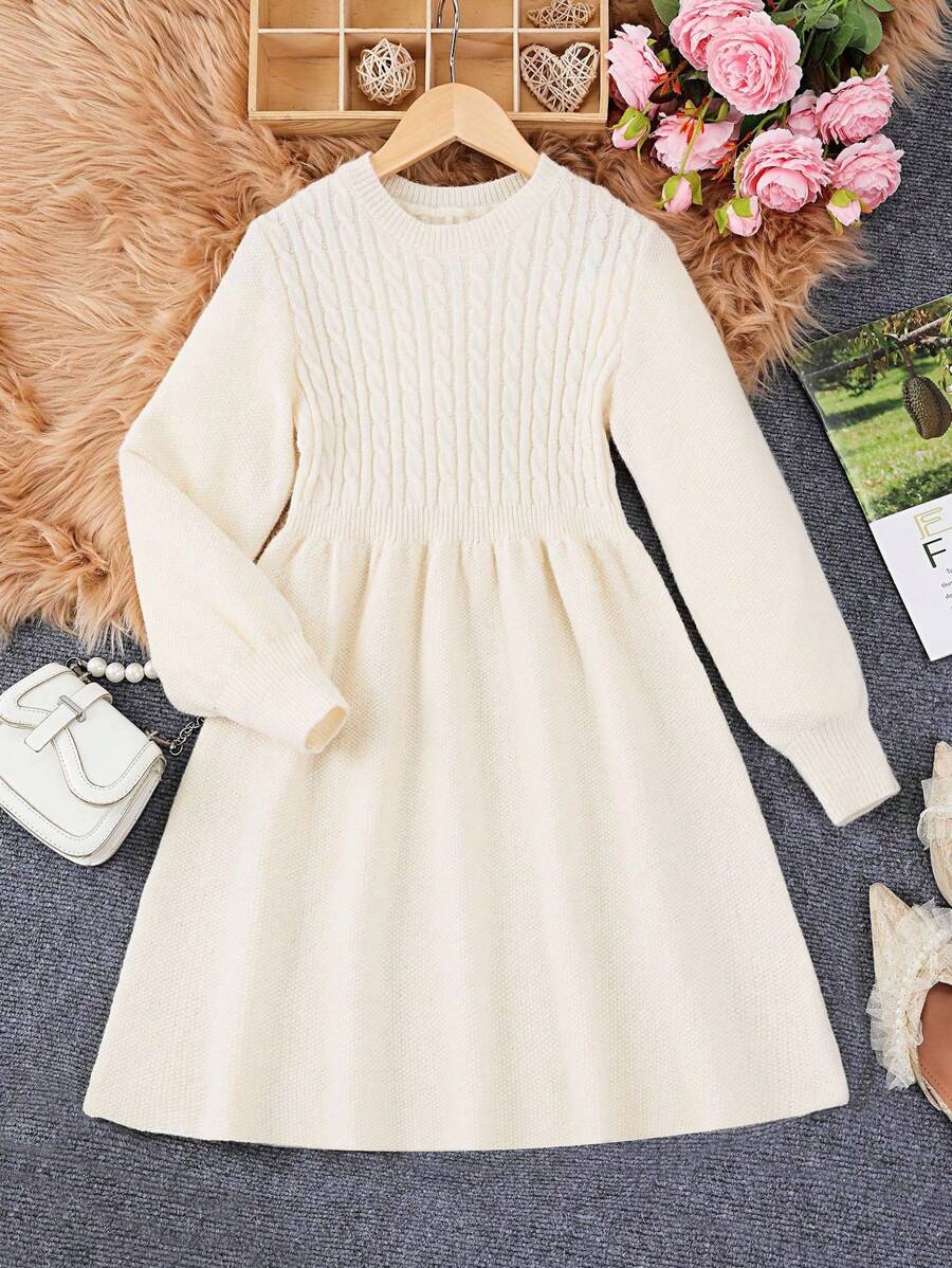 Vestito in maglia testurizzata con vita stretta in stile retrò per ragazze, adatto per casa, uscite, feste, ritorno a scuola - Albicocca - Visualizzare 1