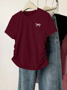 INAWLY 3Pcs Plus Size Women's Fashion Versatile Bow Print Athletic T-Shirts Tops Set, Suitable For Summer - Multicolor - View 11