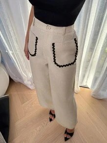 Lavishia Women's Patchwork Wavy Ribbon Pocket Wide Leg Loose Casual Pants - Apricot - View 4