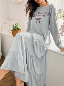 SHEIN Front & Center 休闲字母印花宽松长袖层叠式长款睡裙，秋季女士睡衣连衣裙家居服，冬季家居服连衣裙，宽松睡裙