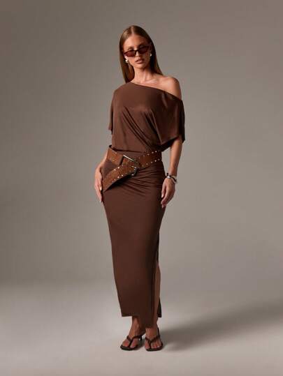 AiiRZ AiiRZ Elegant Off Shoulder Maxi Dress Long Brown Evening Gown Asymmetric Neckline Side Slit Special Occasion Statement Studded Belt Winter Fall
