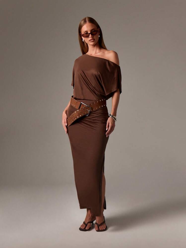 AiiRZ Off Shoulder Maxi Dress With Studded Belt