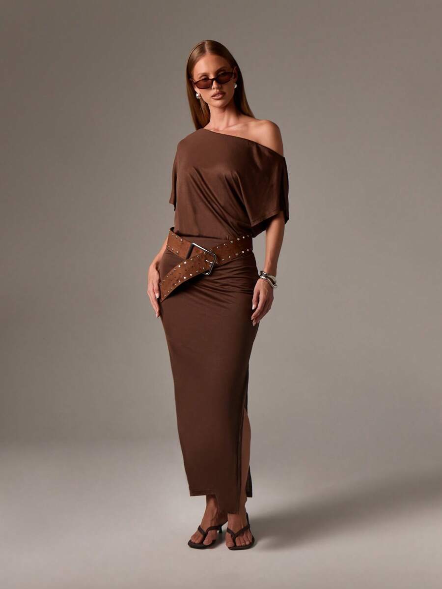 off the shoulder maxi dress for wedding guest Off-the-shoulder maxi dress in blue