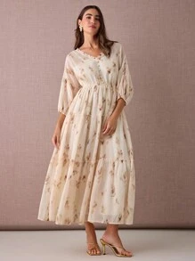 Enchnt 女士优雅全印花连衣裙，适合度假穿着 - 黃色 - 查看 6