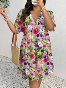 SHEIN Frenchy Abito romantico per vacanze e ritorno a scuola, taglia comoda, autunno - Multicolore - Visualizzare 5
