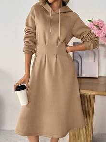 SHEIN LUNE Women's Casual Cinched Waist Hoodie Dress,Long Sleeve Camel Beige Hooded For Autumn Winter Occasion,Chic Country Style Fall Party Brunch Clothes - Brown - View 7