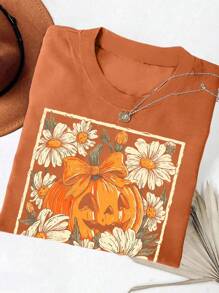 EMERY ROSE Halloween Pumpkin And Flower Print Plus Size T-Shirt - Brown - View 1