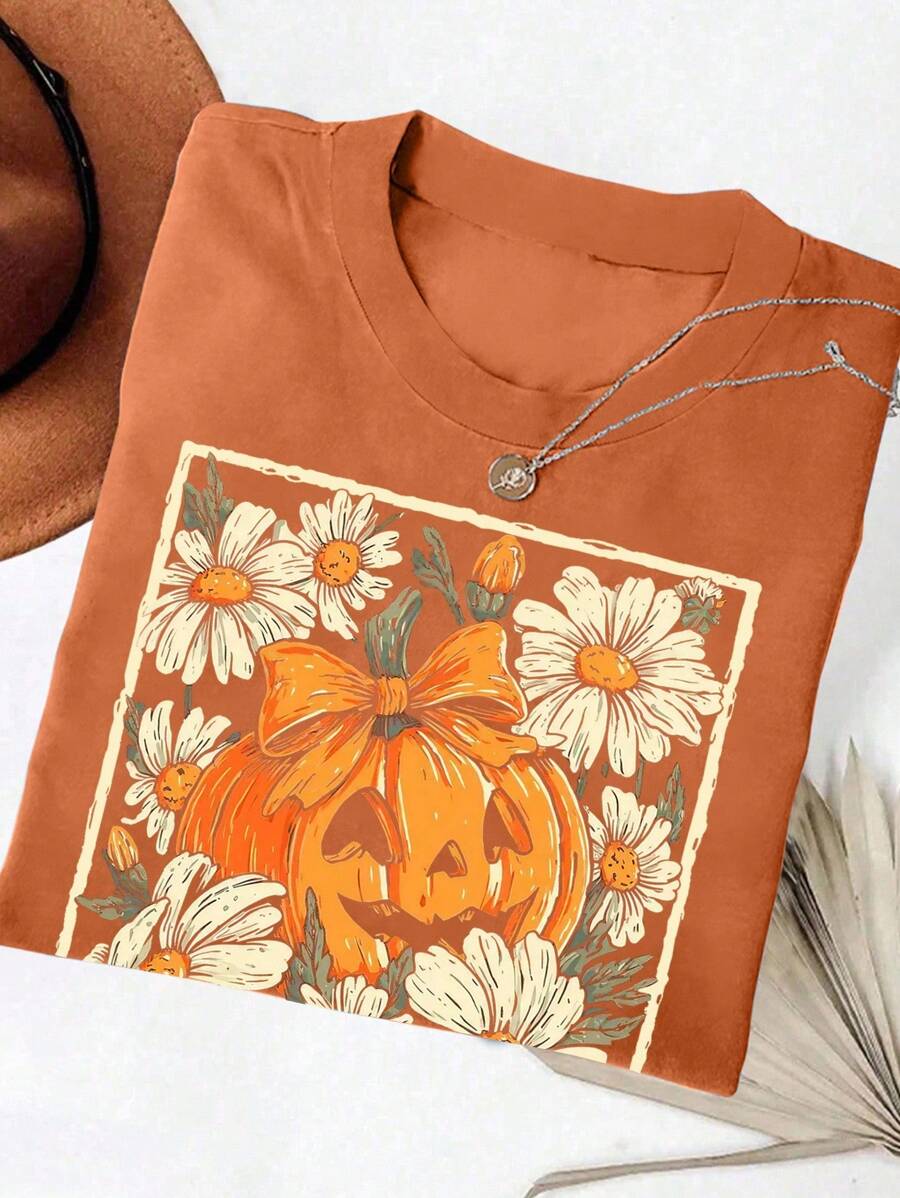 EMERY ROSE Halloween Pumpkin And Flower Print Plus Size T-Shirt - Brown - View 1