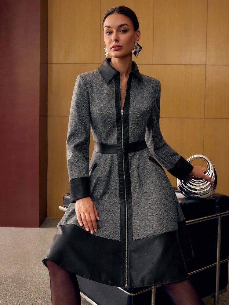 NEW ELEGANT AUTUMN WAIST CINCHED PU LEATHER PATCHWORK OVERCOAT