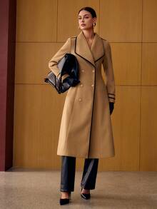 MOTF PREMIUM 瀑布领撞色包边大衣，简约优雅 - 卡其色 - 查看 4