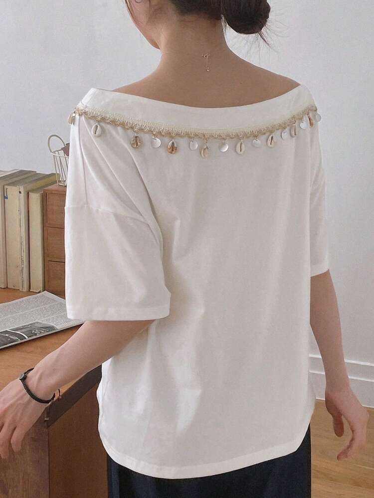 Women's Summer Casual Asymmetrical Neckline Pendant Decor T-Shirt