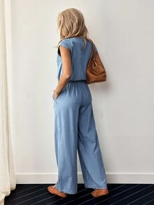EMERY ROSE Women's Casual Fashion V-Neck Button Up Denim Jumpsuit
