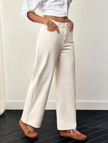 EMERY ROSE Casual Loose Straight Leg Washed Denim Jeans Thickened Denim - Beige - View 5