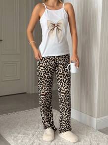 EURMUSE Damen 2 Stücke Set aus ärmellosen Cami Top mit Schleifen Muster und Leopardenmuster Pantoffeln als Homewear