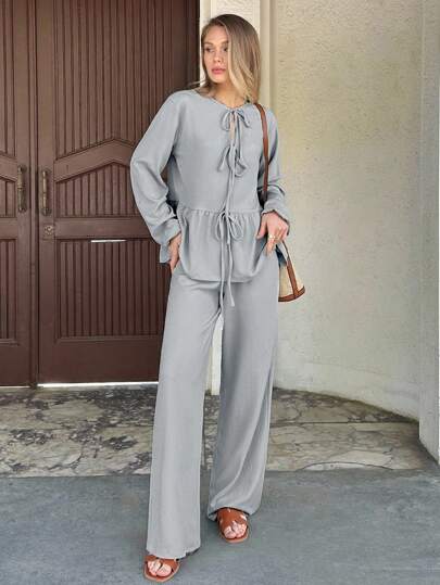 WOMEN TWO PIECES OUTFIT WITH TIE KNOT DETAILED Two Piece Pant Set Blouse And Pants Set Comfortable Two Piece Set Summer Two Piece Set Two Piece Set  Fall Women Clothes Teacher Outfits For Women Autumn Clothes