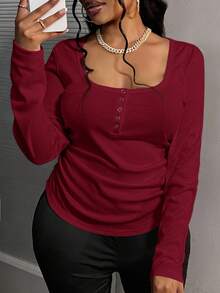 Slaydiva Blusa de manga larga con cuello cuadrado, cintura fruncida, talla grande y estilo casual - Burdeos - Ver 1