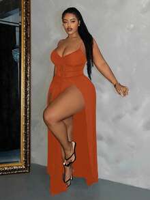 Slaydiva Slayr Plus Size Sexy Solid Color Drawstring High Slit Dress - L - Redwood - View 3
