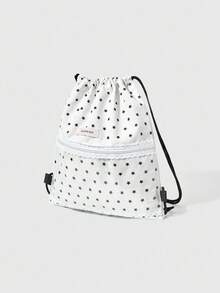 ROMWE Anime 星星印花撞色蕾丝边透明拉链口袋大容量多功能白色抽绳背包，可爱动漫风格，适合上学、通勤、休闲日常使用