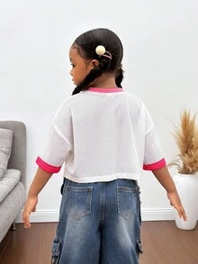 年轻女孩V领针织数字图案休闲短款T恤 - 白色 - 查看 2