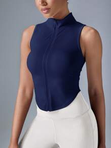 VARSIVA Women's Solid Color Zipper Collar Casual Top - Navy Blue - View 6