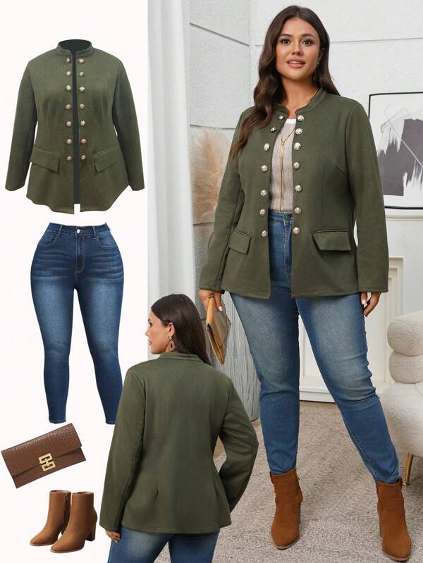 EMERY ROSE Plus Size Women's Double Buckle Pocket Suede Fleece Jacket, Autumn/Winter