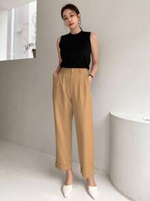 EURMUSE Quần ống đứng màu trơn đơn giản dành cho doanh nhân - Lạc đà - Xem 5