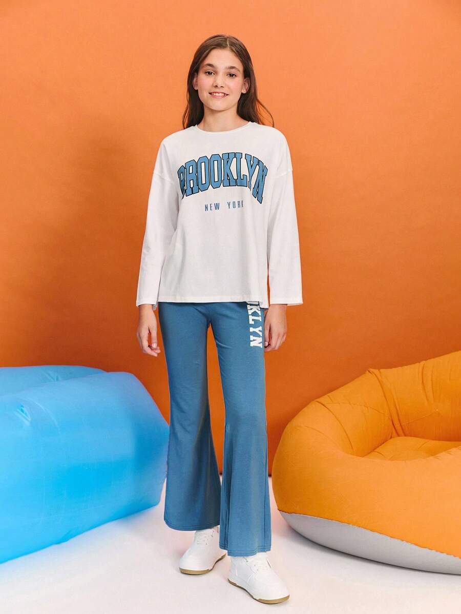 SHEIN Tween Girl Blue And White 2 Pieces Set Loose Drop Shoulder Top&Flare Pants,Brooklyn Letter Print Casual Autumn School Back-To-School Sports Outfit - Blue - View 1
