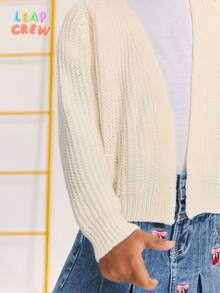 SHEIN Young Girls' Casual Knitted Mid-Length Cardigan, Girls Knit Cardigan, Girls Knitted Sweater,In Fall/Winter - Apricot - View 4
