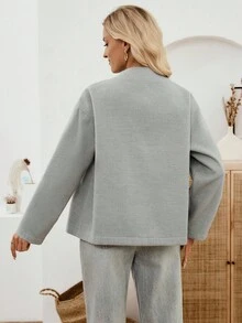 SHEIN LUNE Women's Solid Color Oblique Placket Long Sleeve Loose Woolen Coat,Light Grey Autumn Casual Everyday Business Jacket,Modern Winter Clothes For Woman - Grey - View 2