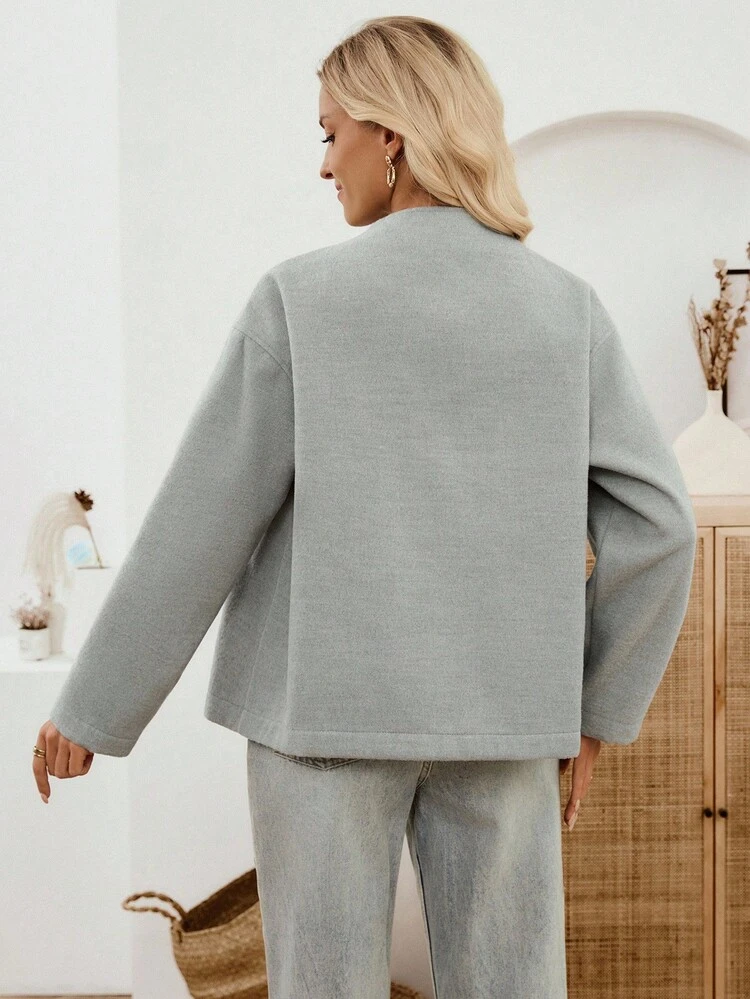 Women's Solid Color Oblique Placket Long Sleeve Loose Fashion Woolen Coat Grey Blouse Light Grey Top Business Casual Tops Woman Modern Clothes For Women Women Casual Jacket Winter Clothes For Women Winter Jacket Winter Coat Winter Coat Women Winter Clothes Women