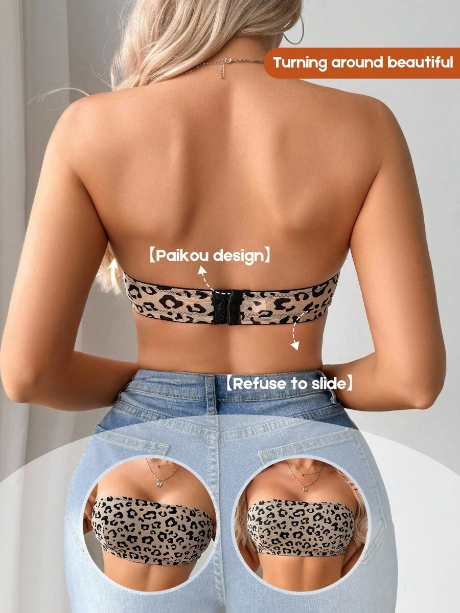 Seamless Strapless Leopard Print Bralette, Comfortable Slip-Resistant Padded Bra For Small Bust, Backless - Multicolor - View 1
