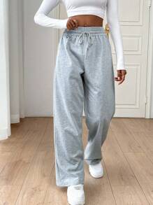 SHEIN Essnce 束口腰直筒運動長褲 - 灰色 - 查看 3